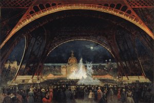 Festa noturna na Exposição Universal de 1889, sob a Torre Eiffel, c. 1889.