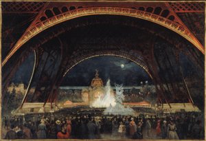 Festa nocturna na Exposição Universal de 1889, sob a Torre Eiffel, ca. 1889 (óleo sobre tela) de George Roux