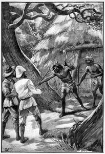 Ilustração de George Roux para o livro de Júlio Verne A Aldeia Aérea (1901), edição Hetzel/Viagens Extraordinárias, Mundos Conhecidos e Desconhecidos. Duas Sentinelas de Wagdiss ameaçam os exploradores com as suas armas ramificadas de George Roux