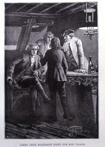 Cena da história na praça do navio: o jovem Jim Hawkins na frente do Dr. Livesey e do Chevalier Trelawnay - na "L