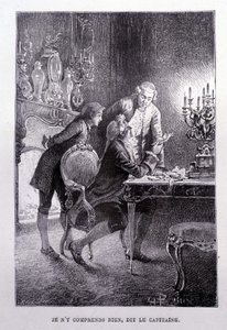 O jovem Jim Hawkins, Chevalier Trelawnay e Doctor Livesey reconciliam-se numa sala - em "L