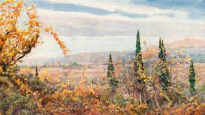E de um vale de uvas e cereais floresce uma cidade de cúpulas e torres" (litografia a cores)