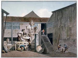 Pátio da fábrica Coade Stone em Narrow Wall Street, Lambeth, Londres, c1800.