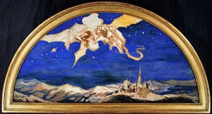 O Dragão que passa por cima dos viajantes (aguarela com cor de corpo e ouro sobre seda) de George Sheringham