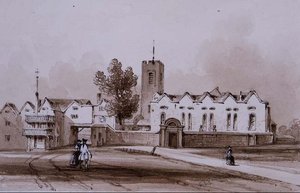 Highgate School and Chapel, c.1840 (desenho de lavagem em tinta sépia) de George Sidney Shepherd