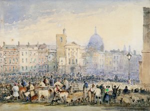 Vista do Smithfield Market com figuras e animais, City of London, 1824.