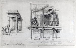 Erigindo Porticos em Newham Street e Middlesex Hospital, Londres, 1833 e 1840 de George Snr Scharf