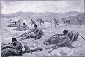 Um cossaco e seu cavalo: um dispositivo para proteger a cobertura durante uma escaramuça, ilustração deCassells História da Guerra Russo-Japonesa Vol 1, c.1900 de George Soper