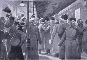 Czar despedindo-se de oficiais da Guarda Imperial, ilustração deCassells História da Guerra Russo-Japonesa vol 1, c.1900 de George Soper