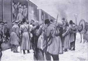 Partida das tropas russas para o Extremo Oriente, ilustração deCassells História da Guerra Russo-Japonesa vol 1, c.1900 de George Soper