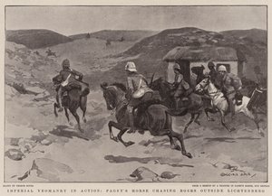 Yeomanry imperial em ação, cavalo de Paget perseguindo Boers fora de Lichtenberg