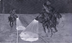Em uma ferrovia da Manchúria: Patrulha noturna, ilustração deCassells História da Guerra Russo-Japonesa Vol 1, c.1900 de George Soper