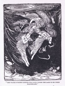 As ninfas da água levaram-no pelo lago até ao seu companheiro de brincadeira, de The Heroes publicado por George Allen e Unwin 1929 (litho) de George Soper