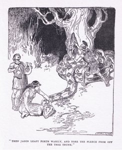 Então Jason saltou cansado e arrancou o velo do tronco da árvore, de The Heroes publicado por George Allen e Unwin 1929 (litho) de George Soper