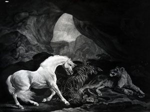 Um cavalo assustado por uma leoa, gravada por Benjamin Green, 1774