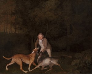 Freeman, guarda-caça do Conde de Clarendon, com uma corça e um cão moribundo, 1800. de George Stubbs