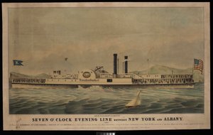 Linha da noite das sete horas entre Nova Iorque e Albany, direta: Os barcos a vapor Knickerbocker... e Rochester..., litografia, a cores, 542 x 881 mm, PAI6613 de George T. (after) Sanford
