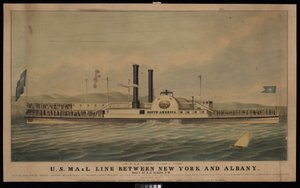 Linha de correio dos EUA entre Nova Iorque e Albany diariamente às 5 horas da tarde.... (litografia, colorida) de George T. (after) Sanford