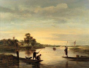 Uma vista sobre os riachos com homens a pescar em barcos de George Vincent