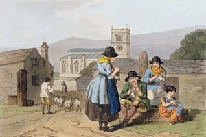 Knitters Wensleydale, de "Traje de Yorkshire", gravado por Robert Havell (1769-1832) 1814