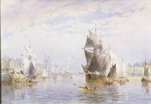 Pequena embarcação no rio em Whitby por Whitby Bridge, 1877 (wc e riscar)