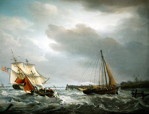 Um Homem de Guerra Britânico passando a boca de um Estuário (óleo sobre tela)