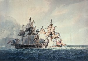 A ação entre a chalupa de Sua Majestade, Bonne Citoyenne, e a fragata francesa La Furieuse, em 6 de julho de 1809, das Ilhas Ocidentais, gravada por R und D Havell, publicada por Robert Cribb em 1810