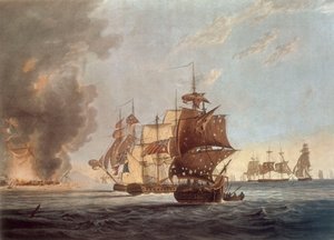 Para os oficiais, marinheiros e fuzileiros dos navios de Sua Majestade Amphion, Cerberus, Volage e Active, esta placa representa... a explosão do Comodoro francês, ao largo da ilha de Lissa, no Adriático, em 13 de março de 1811