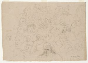 Sem título - Numerosos esboços de retratos, desenhados de forma aproximada, de homens, mulheres e crianças (lápis sobre papel)