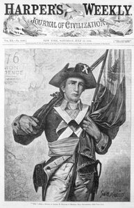 &39;76&39; Minuteman ou Continental Soldier segurando uma bandeira de mosquete, capa de &39;Harpers Weekly, um jornal de civilização&39;, gravado por Speer, Nova York, 15 de julho de 1876