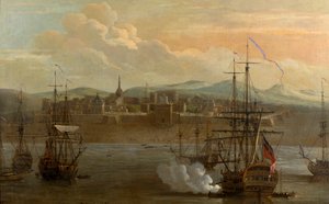 Uma pintura do Forte St George em Madras, Índia. Em 1731. Forte militar, e porto com navios. Disparo do canhão do navio. Fumo. Batalha. de George and Scott Samuel (1710 72) Lambert