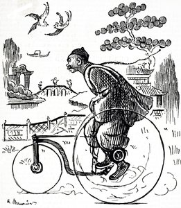 Um desenho animado representando um homem chinês andando de triciclo por um parque na China. Ilustrado George du Maurier (1834-1896), um cartoonista franco-britânico e autor