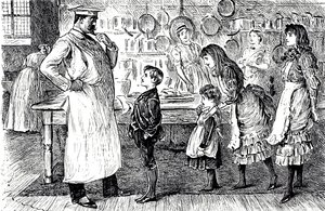 Um desenho animado representando um chef recebendo ordens das crianças da casa. Ilustrado por George du Maurier (1834-1896), um cartunista franco-britânico e autor de George du Maurier