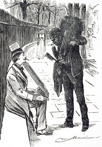 Um desenho animado representando um limpa-chaminés carregando os seus pincéis pelas ruas de Londres. Ilustrado por George du Maurier (1834-1896), cartoonista e autor franco-britânico de George du Maurier