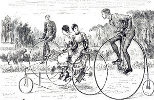 Um desenho animado retratando um grupo de jovens andando de triciclo. Ilustrado George du Maurier (1834-1896), caricaturista e autor franco-britânico. de George du Maurier