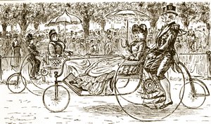 Uma gravura que retrata os passageiros que andam em carruagens de bicicleta. Ilustrado por George du Maurier (1834-1896), cartoonista e autor franco-britânico