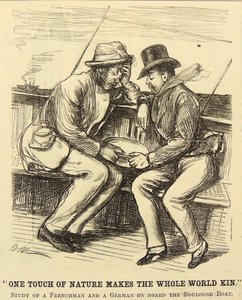Passageiros de barco que sofrem de enjoos marítimos. Desenho animado de George du Maurier de "Punch", Londres de George du Maurier