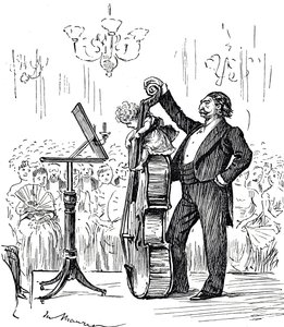 Comentário cartoon sobre prodigios musicais que pareciam estar cada vez mais jovens de George du Maurier