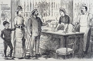 Comentário de banda desenhada sobre a compreensão instável do sistema métrico por parte do inglês médio de George du Maurier