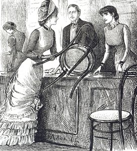 Comentário cartoon sobre as condições de trabalho dos assistentes de loja de George du Maurier