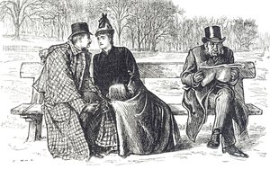 Desenho animado que retrata um casal trocando carícias no banco do parque, enquanto o homem ao seu lado olha com desaprovação de George du Maurier