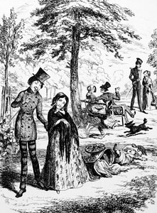 Desenho animado representando uma empregada doméstica caminhando com seu amante por George du Maurier (1834-1896) um cartoonista franco-britânico e autor de George du Maurier