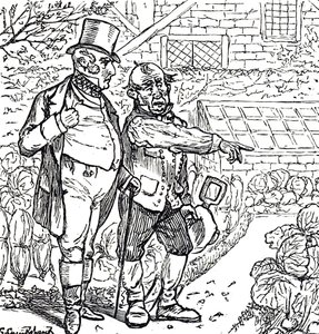 Desenho animado retratando um cavalheiro com o jardineiro na horta de George du Maurier