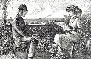 Desenho animado representando um marido e uma esposa - o marido é responsável pelas dívidas da esposa, a menos que ele publique uma revogação de suas responsabilidades