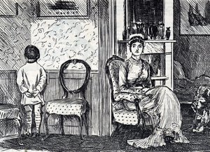Desenho animado representando uma mãe a castigar o filho fazendo-o ficar de frente para a parede.