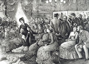 Desenho animado representando um concerto típico de sala de estar de George du Maurier