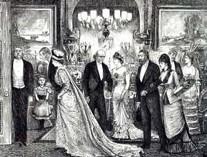 Desenho animado retratando uma soirée elegante em uma casa vitoriana de George du Maurier