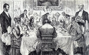 Desenho animado retratando uma soirée elegante em uma casa vitoriana de George du Maurier