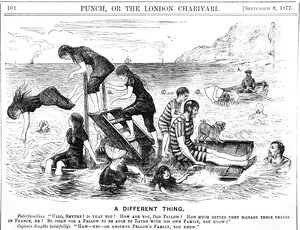 Desenho animado que retrata os veraneantes que gozam umas férias à beira-mar em França