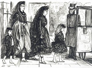 Desenho animado representando pessoas usando calçados naturais para evitar pés deformados de George du Maurier